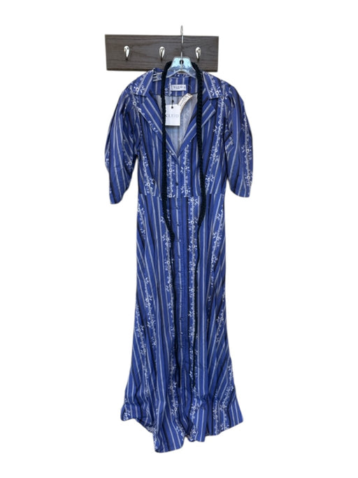 KLEID Size L Blue & Gray Cotton Short Sleeve Lines Flowers Rope Belt Dress Blue & Gray / L
