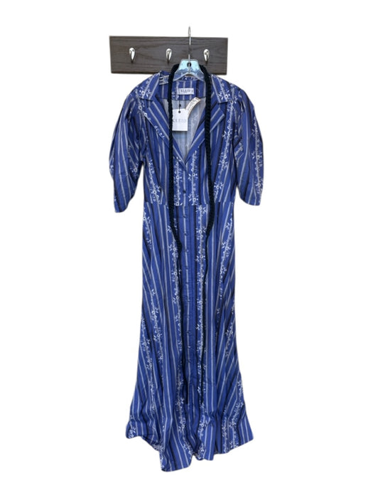 KLEID Size L Blue & Gray Cotton Short Sleeve Lines Flowers Rope Belt Dress Blue & Gray / L