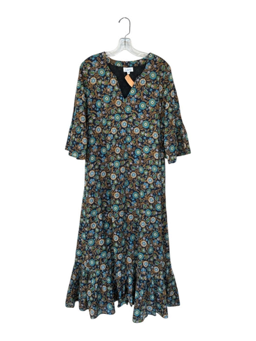 Livro Size M Navy & Tan Cotton Long Sleeve Kaleidoscope V Neck Maxi Dress Navy & Tan / M