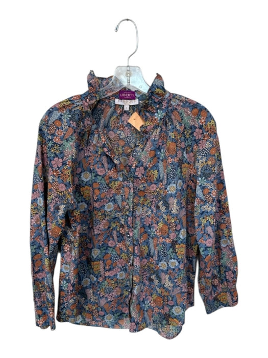 LaRoque Size S Blue & Orange Cotton Long Balloon Sleeve Botanical Buttons Top Blue & Orange / S