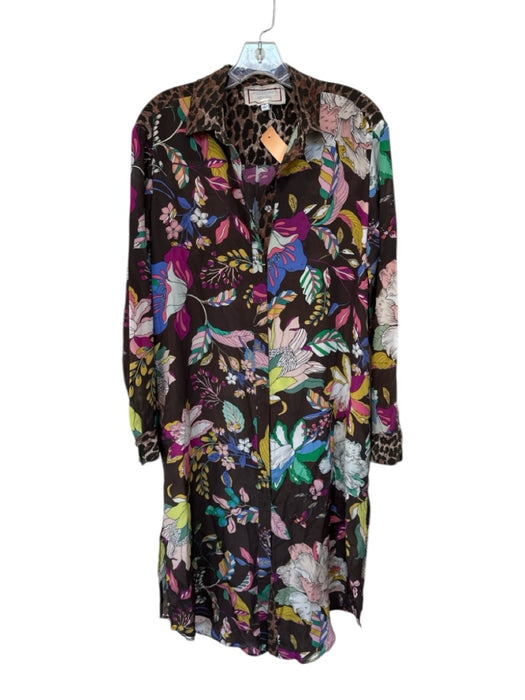 Johnny Was Size XS Brown & Multi Silk Long Sleeve Animal Print Botanical Dress Brown & Multi / XS