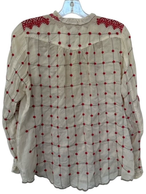Johnny Was Size L Cream & Red Cupra Long Sleeve Grid Embroidered Flowers Top Cream & Red / L