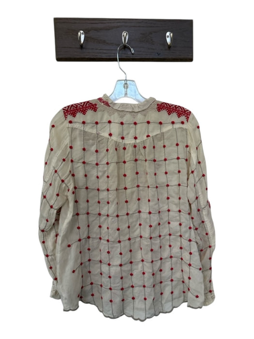 Johnny Was Size L Cream & Red Cupra Long Sleeve Grid Embroidered Flowers Top Cream & Red / L