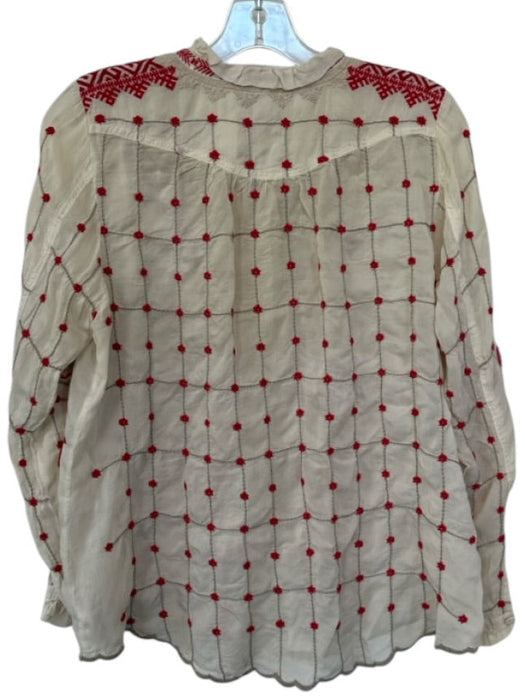 Johnny Was Size L Cream & Red Cupra Long Sleeve Grid Embroidered Flowers Top Cream & Red / L