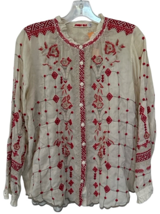 Johnny Was Size L Cream & Red Cupra Long Sleeve Grid Embroidered Flowers Top Cream & Red / L