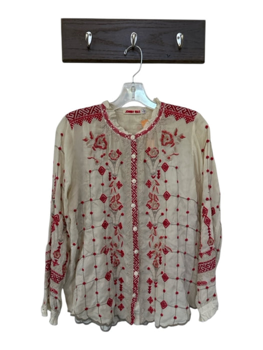 Johnny Was Size L Cream & Red Cupra Long Sleeve Grid Embroidered Flowers Top Cream & Red / L