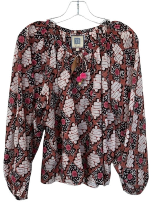 Bell Size M Black & Mauve Cotton & Silk Long Balloon Sleeve Abstract Tassels Top Black & Mauve / M