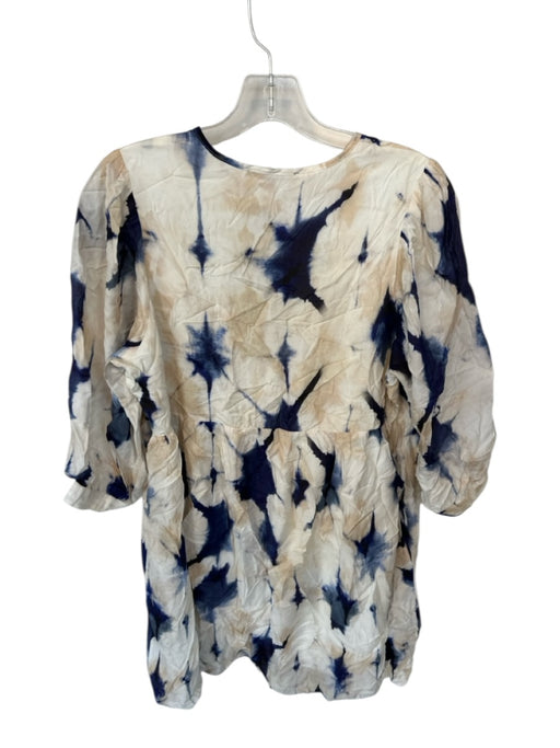 Caballero Size S Tan & Navy Silk Long Sleeve Tye Dye Front Tie Dress Tan & Navy / S