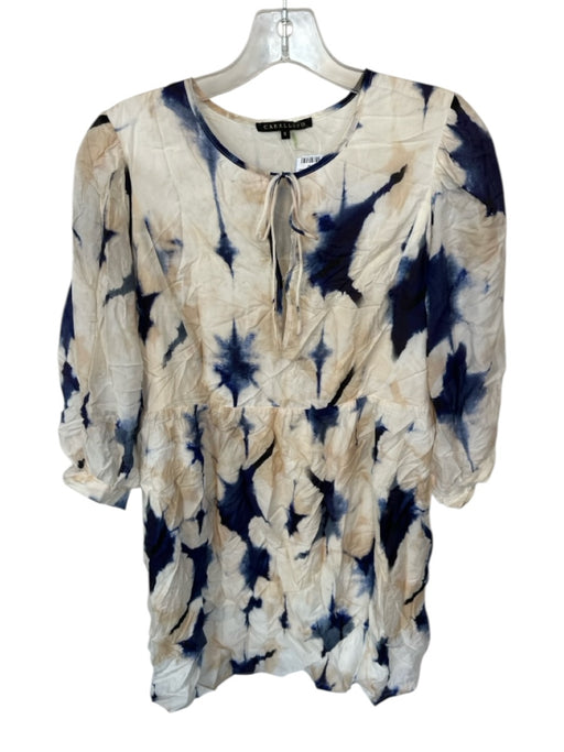 Caballero Size S Tan & Navy Silk Long Sleeve Tye Dye Front Tie Dress Tan & Navy / S