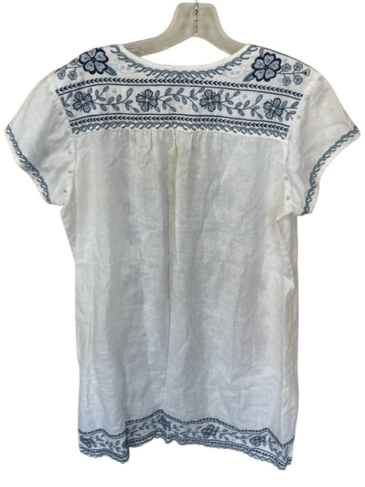 Johnny Was Size M White & Blue Linen Short Sleeve Embroidered Flowers Dress White & Blue / M