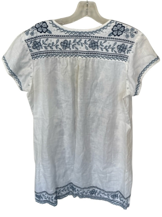 Johnny Was Size M White & Blue Linen Short Sleeve Embroidered Flowers Dress White & Blue / M