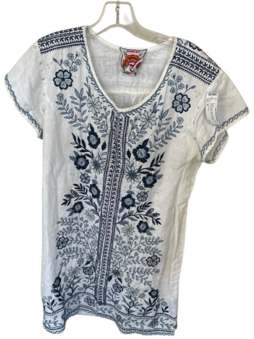 Johnny Was Size M White & Blue Linen Short Sleeve Embroidered Flowers Dress White & Blue / M
