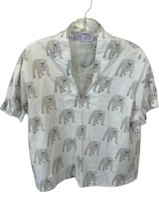 Brooke Wright Size S/M White & Gray Cotton Short Sleeve Bulldog V Neck Top White & Gray / S/M