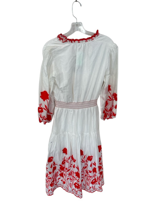 Shoshanna Size 8 White & Red Cotton Long Balloon Sleeve Embroidered Belted Dress White & Red / 8