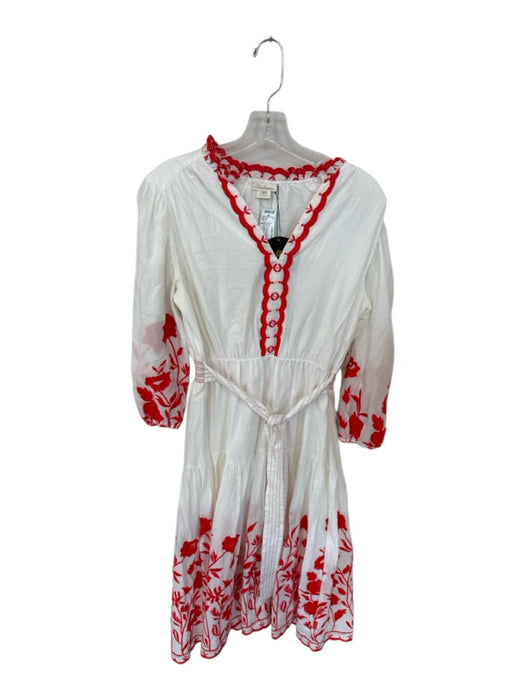 Shoshanna Size 8 White & Red Cotton Long Balloon Sleeve Embroidered Belted Dress White & Red / 8