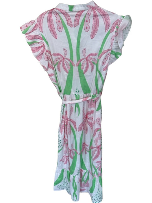 Sheridan French Size M Green & Pink Cotton Flutter Sleeves Palm Trees Dress Green & Pink / M
