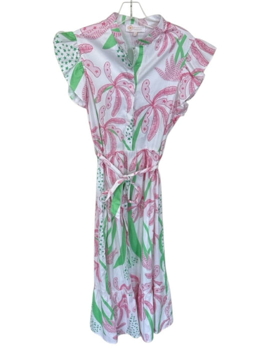 Sheridan French Size M Green & Pink Cotton Flutter Sleeves Palm Trees Dress Green & Pink / M