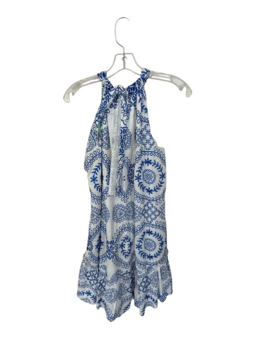 Trina Turk Size L White & Blue Cotton Sleeveless Embroidered Drop Waist Dress White & Blue / L