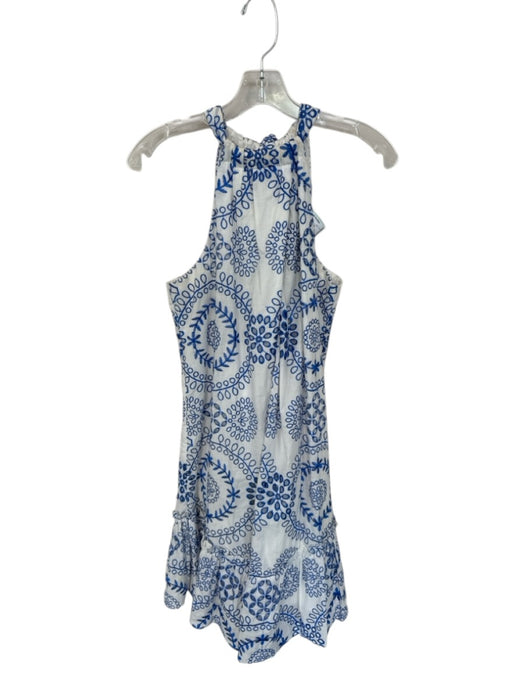 Trina Turk Size L White & Blue Cotton Sleeveless Embroidered Drop Waist Dress White & Blue / L