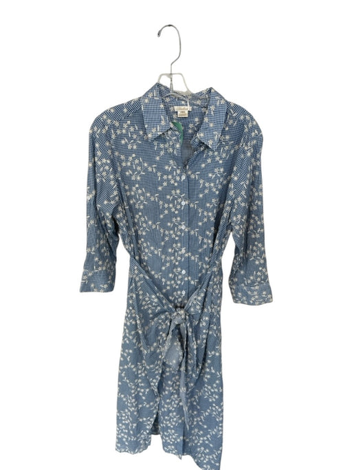 Shoshanna Size L Blue & Cream Cotton Long Sleeve Checkered Front Tie Dress Blue & Cream / L