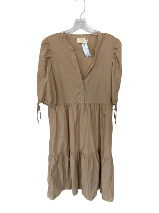 Nation Size L Tan Cotton 3/4 Balloon Sleeve V Neck Maxi Dress Tan / L