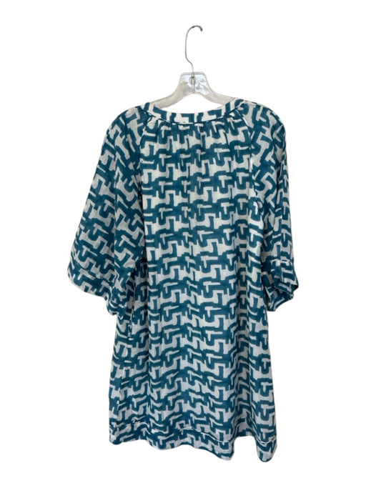 Mirth Size M Teal Blue & White Cotton Long Wide Sleeve Abstact Heel Shift Dress Teal Blue & White / M