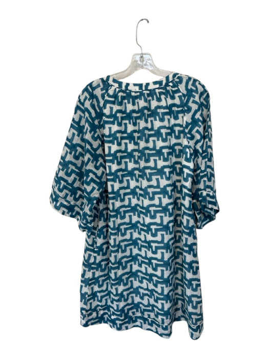 Mirth Size M Teal Blue & White Cotton Long Wide Sleeve Abstact Heel Shift Dress Teal Blue & White / M