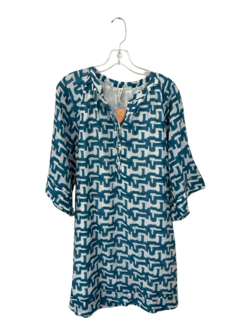 Mirth Size M Teal Blue & White Cotton Long Wide Sleeve Abstact Heel Shift Dress Teal Blue & White / M