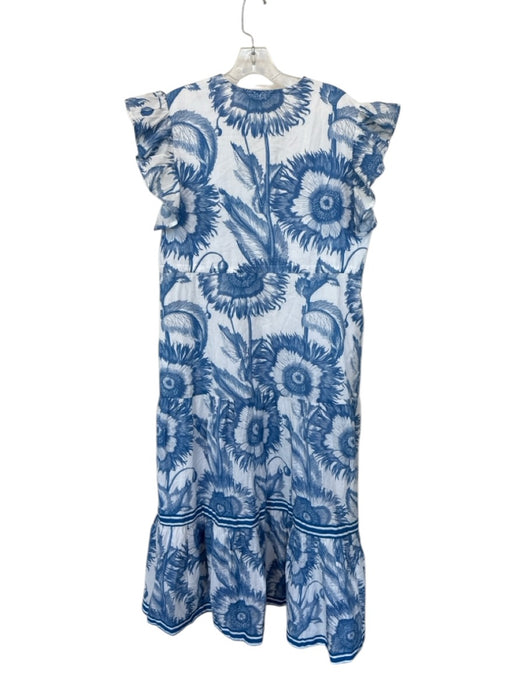 Isla Payal Size M White & Blue Cotton Flutter Sleeves Sunflowers Maxi Dress White & Blue / M
