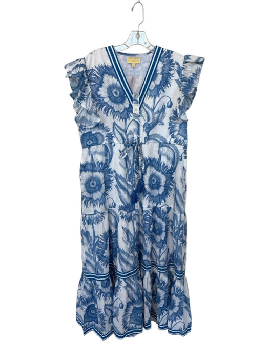 Isla Payal Size M White & Blue Cotton Flutter Sleeves Sunflowers Maxi Dress White & Blue / M