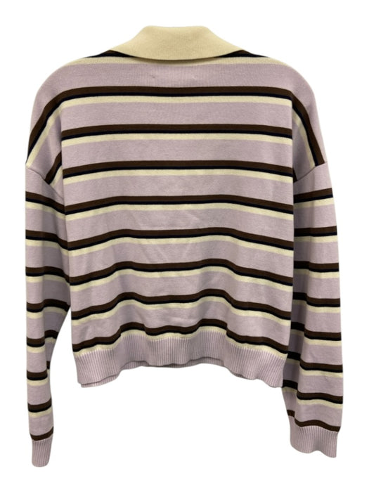 Le Bop Size M Purple, Brown, White Cotton Horizontal Stripes Collared Top Purple, Brown, White / M