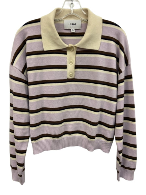 Le Bop Size M Purple, Brown, White Cotton Horizontal Stripes Collared Top Purple, Brown, White / M