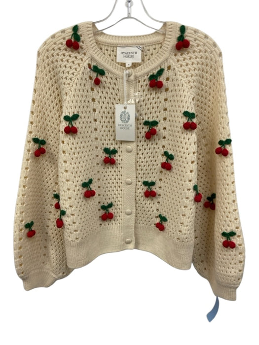 Hyacinth House Size M Cream, Red, Green Acylic Button Neck Open Knit Cardigan Cream, Red, Green / M