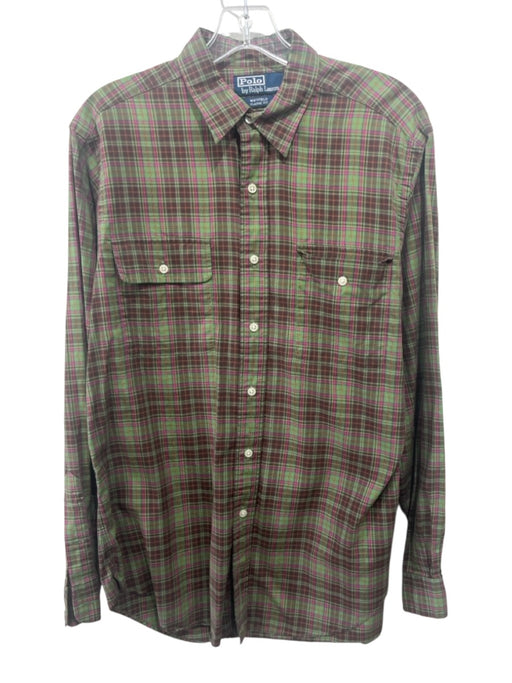 Polo Size M Green & Purple Print Cotton Plaid Button Up Men's Long Sleeve Shirt Green & Purple Print / M