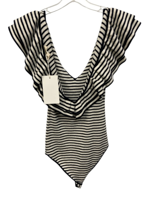 Sezane Size L Navy Blue & White Wool & Cotton Striped Ruffle V Neck Bodysuit Top Navy Blue & White / L