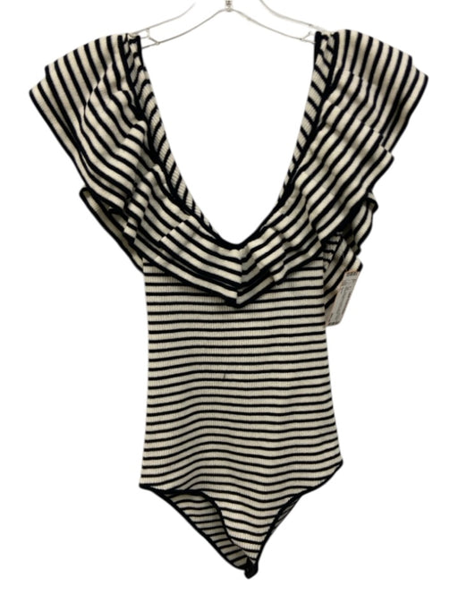 Sezane Size L Navy Blue & White Wool & Cotton Striped Ruffle V Neck Bodysuit Top Navy Blue & White / L