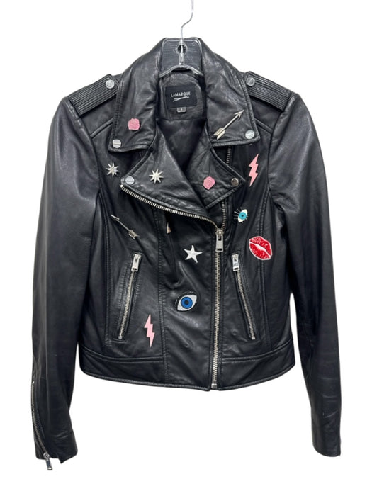 Lamarque Size S Black & Multi Leather Pins Moto Silver hardware Jacket Black & Multi / S