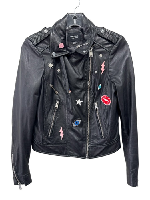 Lamarque Size S Black & Multi Leather Pins Moto Silver hardware Jacket Black & Multi / S