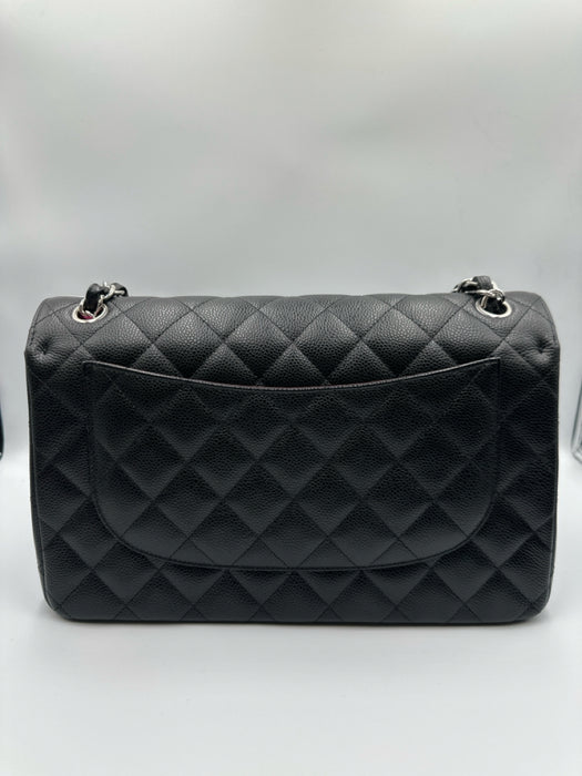 Chanel Black Caviar Leather Chain Strap Quilted Double Flap Silver hardware Bag