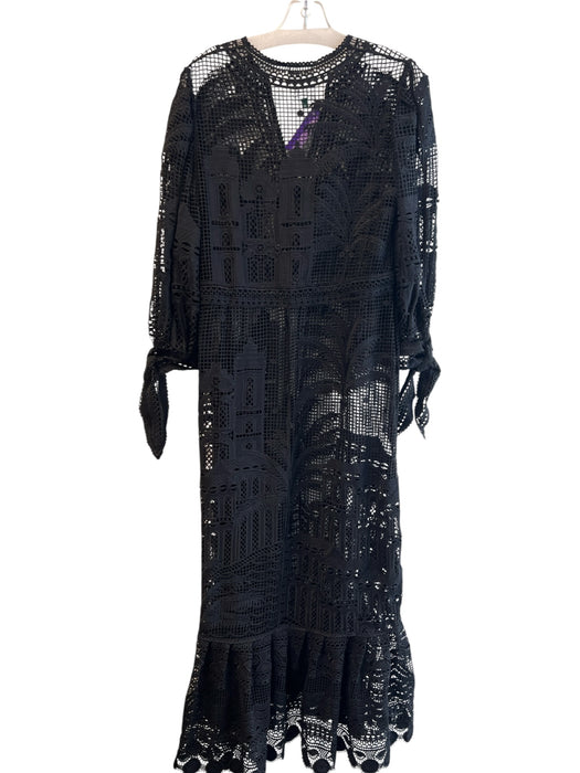 Farm Rio Size S Black Polyester Long Sleeve V Neck Waist tie Ruffle Hem Dress Black / S
