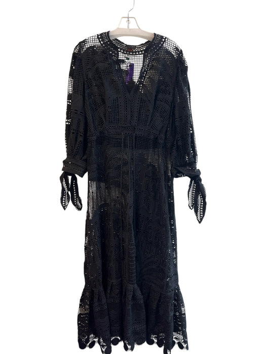 Farm Rio Size S Black Polyester Long Sleeve V Neck Waist tie Ruffle Hem Dress Black / S