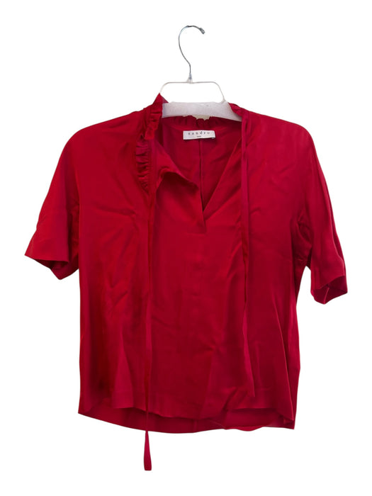Sandro Size Est S Red Viscose Short Sleeve Ruffle Detail V Neck Neck Tie Top Red / Est S