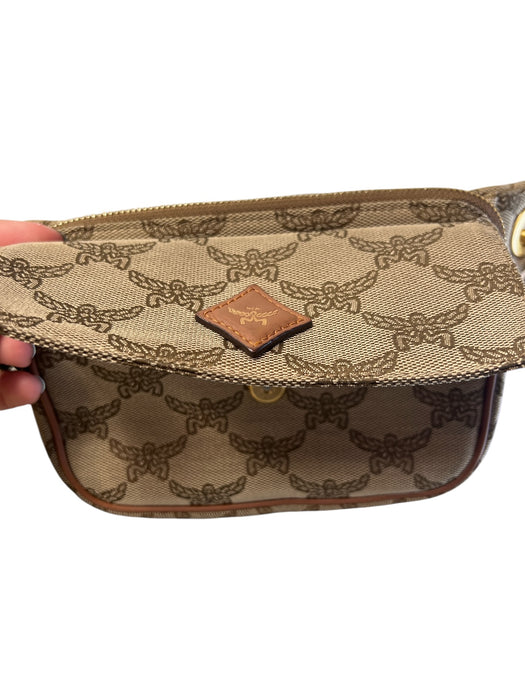 MCM Tan & brown Canvas & Leather Monogram Top Zip Snap Flap Adjustable Band Bag Tan & brown / Small