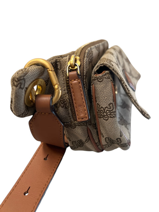 MCM Tan & brown Canvas & Leather Monogram Top Zip Snap Flap Adjustable Band Bag Tan & brown / Small