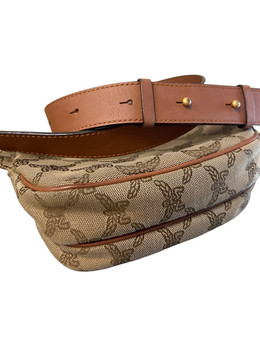 MCM Tan & brown Canvas & Leather Monogram Top Zip Snap Flap Adjustable Band Bag Tan & brown / Small