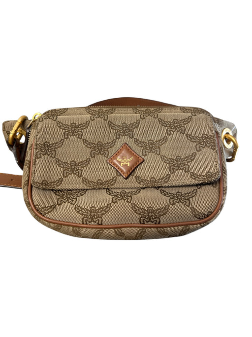 MCM Tan & brown Canvas & Leather Monogram Top Zip Snap Flap Adjustable Band Bag Tan & brown / Small
