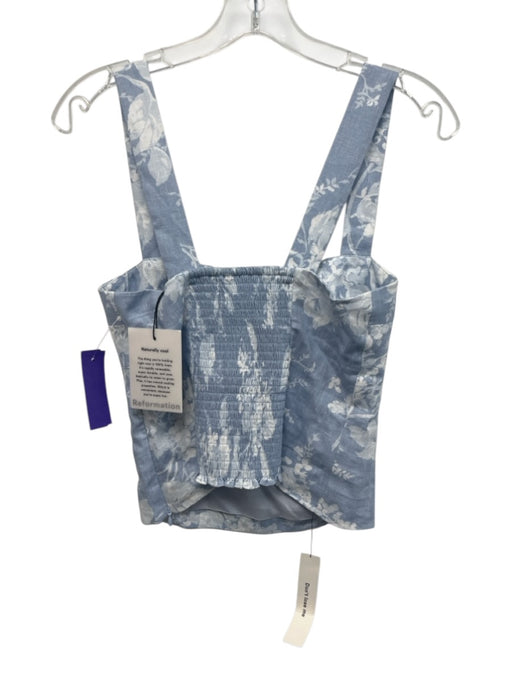 Reformation Size 4 Blue & White Linen Floral Sleeveless Paneled Shirred Back Top Blue & White / 4