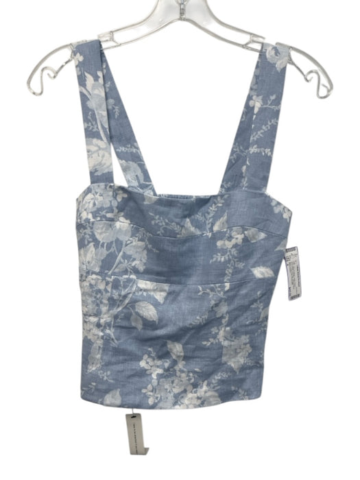 Reformation Size 4 Blue & White Linen Floral Sleeveless Paneled Shirred Back Top Blue & White / 4