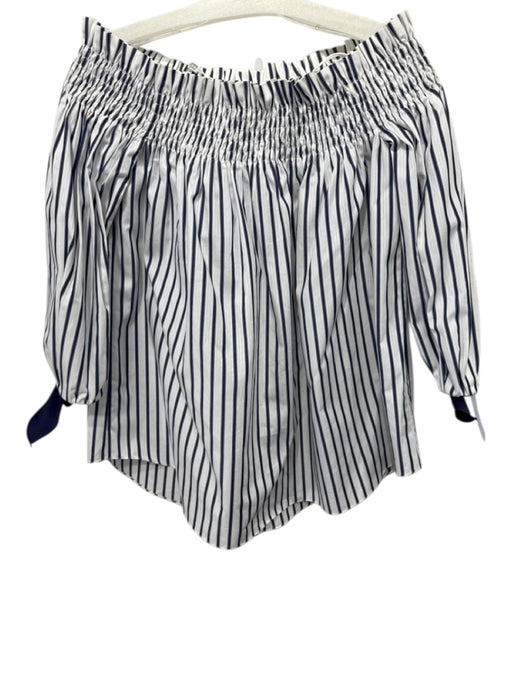 Caroline Constas Size XS White & Navy Blue Cotton Striped Off Shoulder Top White & Navy Blue / XS