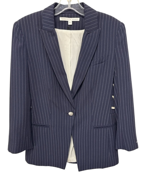 Veronica Beard Size 4 Navy Blue & White Polyester Blend Striped Blazer Jacket Navy Blue & White / 4